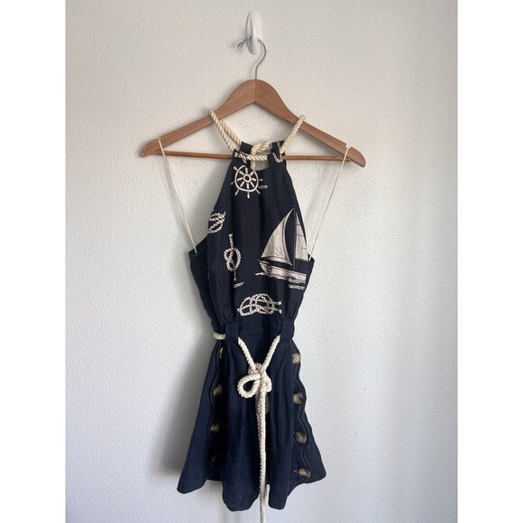 Alemais Sea Queen Scalloped Linen Playsuit Navy Nautical Halter AU 4 US 0 - Picture 5 of 14